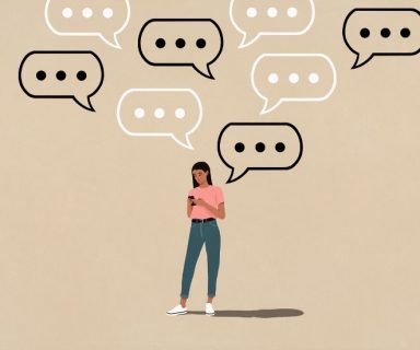 An illustration of a woman holding a cell phone, with speech bubbles above her head.