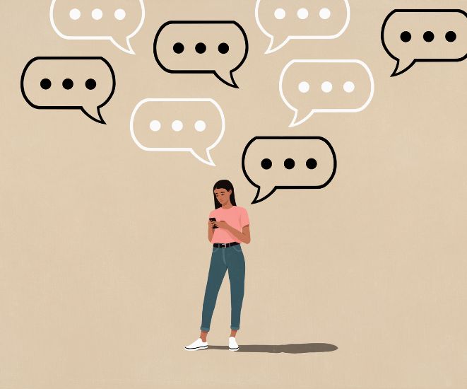 An illustration of a woman holding a cell phone, with speech bubbles above her head.
