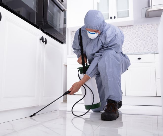 An exterminator applying a pest control treatment in a home.