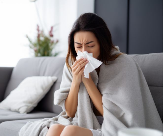A woman blowing her nose.