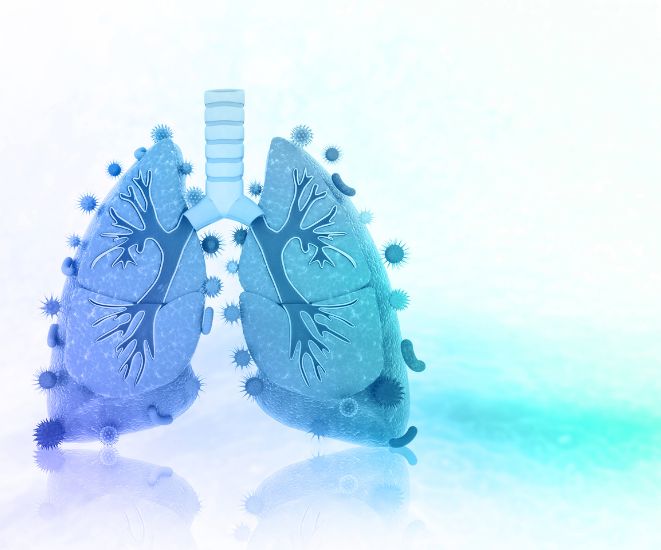 A digital image of a pair of lungs with germ icons on it in shades of blue.