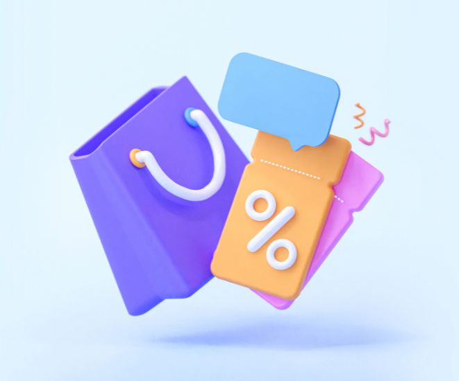 A digital image of a purple shopping bag and orange price tags.